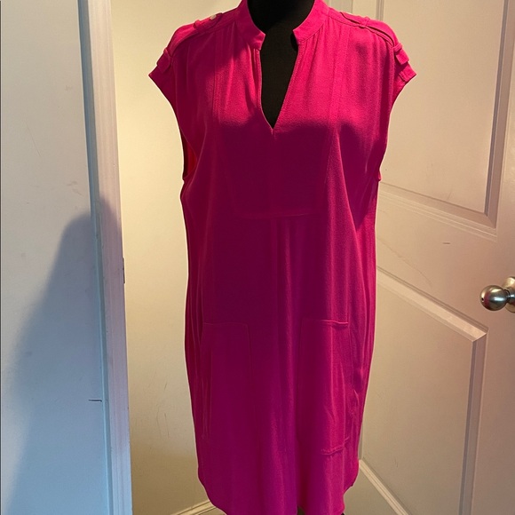J.Crew Hot Pink PullOver Shift Dress Size S Patch Pockets Shoulder Tabs HighLow - Picture 7 of 15